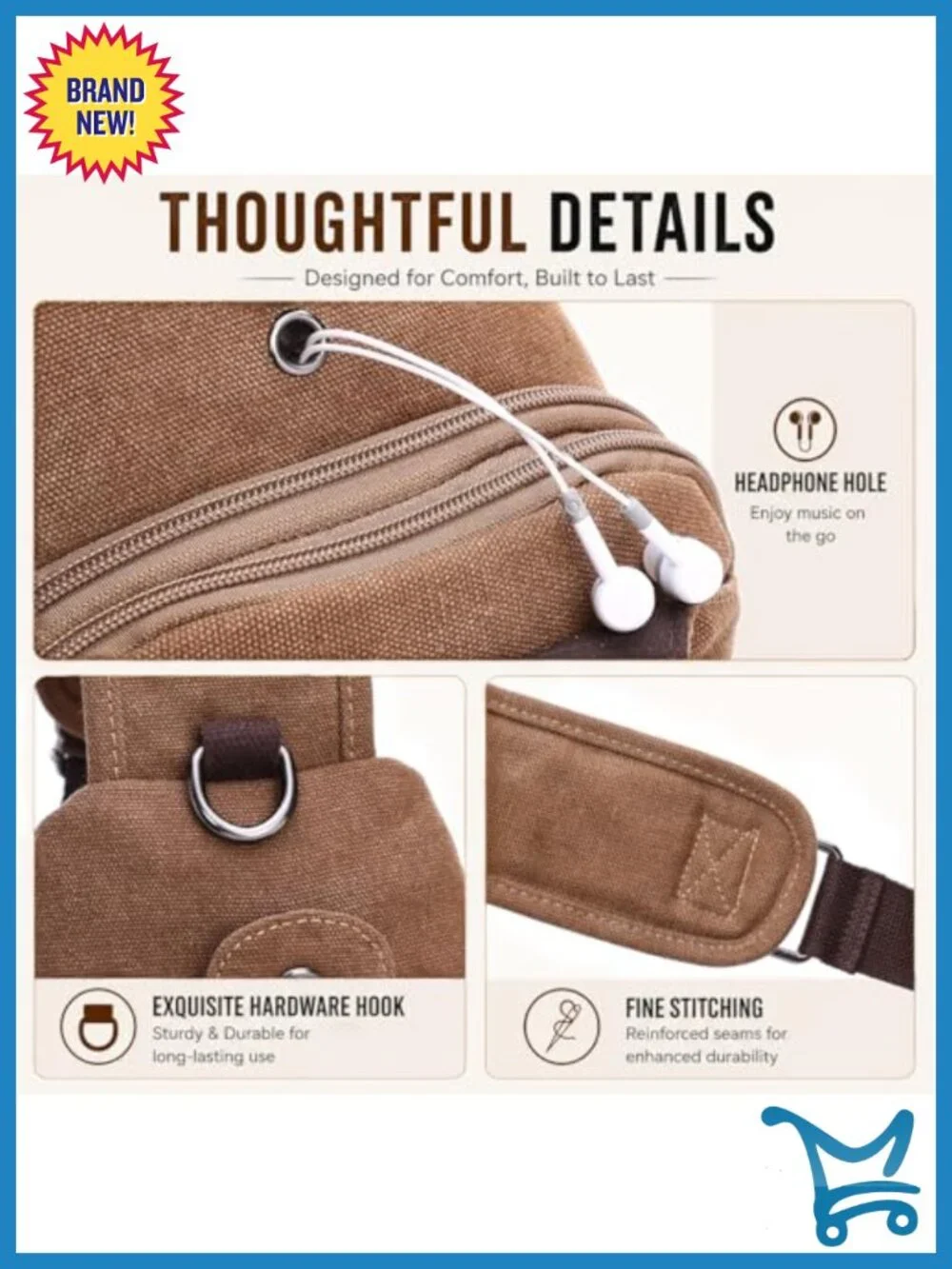 Canvas Sling Bag Crossbody Chest Bag Casual Daypack Rucksack with Adjustable